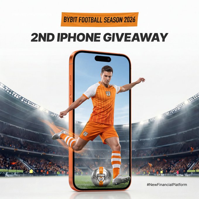 A promotional graphic for "BYBIT FOOTBALL SEASON 2026" featuring the "2ND IPHONE GIVEAWAY," displaying a smartphone with a soccer player in an orange uniform kicking a Bybit-branded ball in a stadium, tied to a contest offering another chance to win an iPhone 17 Pro.