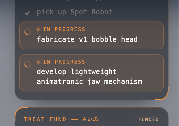 A digital task list showing completed item 'pick up Spot Robot' and 'IN PROGRESS' tasks to 'fabricate v1 bobble head' and 'develop lightweight animatronic jaw mechanism', above a 'FUNDED' 'TREAT FUND — さいふ'.