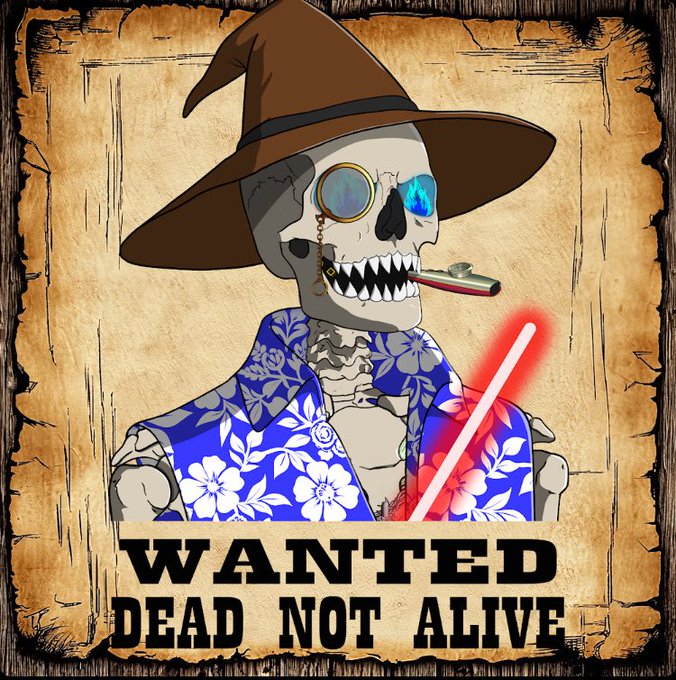 A digital illustration of a skeleton wearing a brown witch hat and a blue Hawaiian shirt, with a monocle and a cigar, accompanied by the text "WANTED DEAD NOT ALIVE".