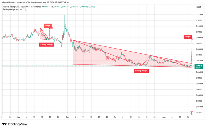 A TradingView chart of Hedera Hashgraph / TetherUS (HBARUSDT) on Binance with a 4-hour timeframe, displaying two identified 'Falling Wedge' patterns with target price projections.