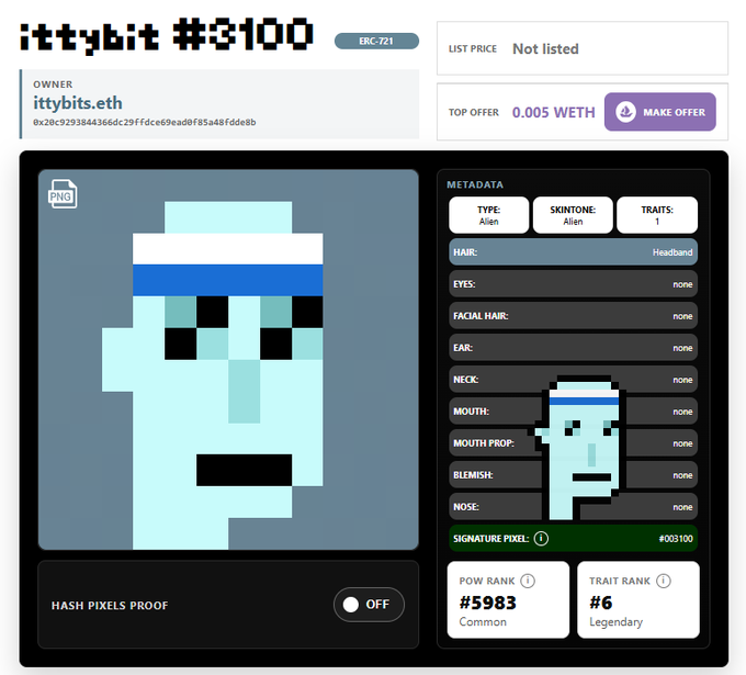 A digital asset marketplace listing for 'ittybit #3100', an ERC-721 NFT owned by ittybits.eth featuring a light blue pixel art alien character with a headband and a signature pixel of #003100, ranked #5983 Common and Trait Rank #6 Legendary.