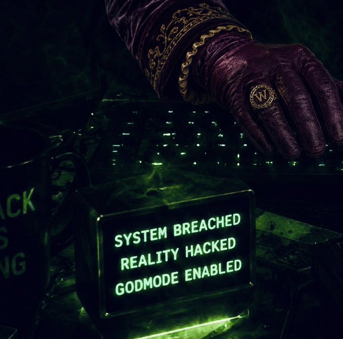 A dark, moody scene showing a gloved hand with a 'W' ring resting on a glowing green keyboard, next to a screen displaying 'SYSTEM BREACHED', 'REALITY HACKED', and 'GODMODE ENABLED'.