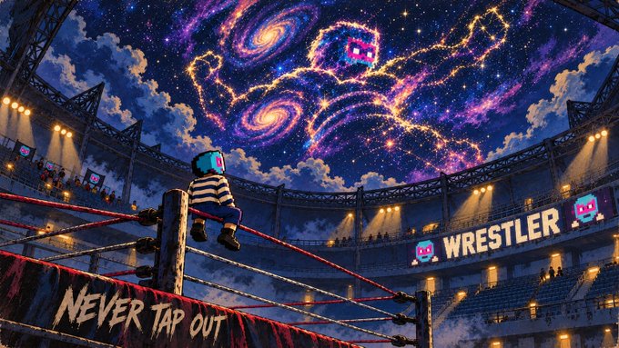 A digital artwork depicting a wrestling ring inside a stadium, with a figure in a striped shirt sitting on the ropes under a cosmic sky featuring galaxies and the words 'WRESTLER' and 'NEVER TAP OUT'.