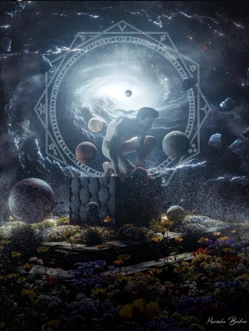 A surreal digital artwork by Mariska Barker depicting a contemplative figure within a mystical portal, surrounded by planets, a glowing octagonal sigil, and a garden of flowers beneath a starry cosmic sky.