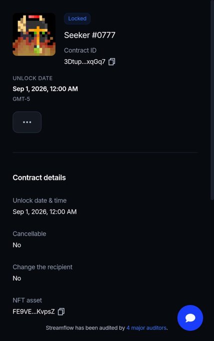 A screenshot of a Streamflow locked contract page for 'Seeker #0777' showing an NFT asset contract ID beginning with '3Dtup...xqGq7' and asset 'FE9VE...KvpsZ', with an unlock date of Sep 1, 2026, 12:00 AM GMT-5.