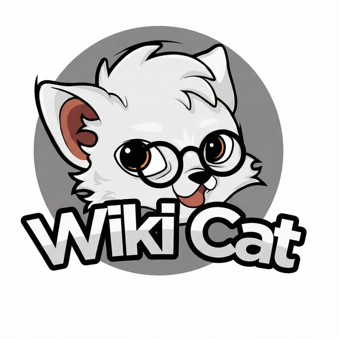 WikiCat logo featuring a cartoon white cat with glasses and buck teeth on a gray circular background.