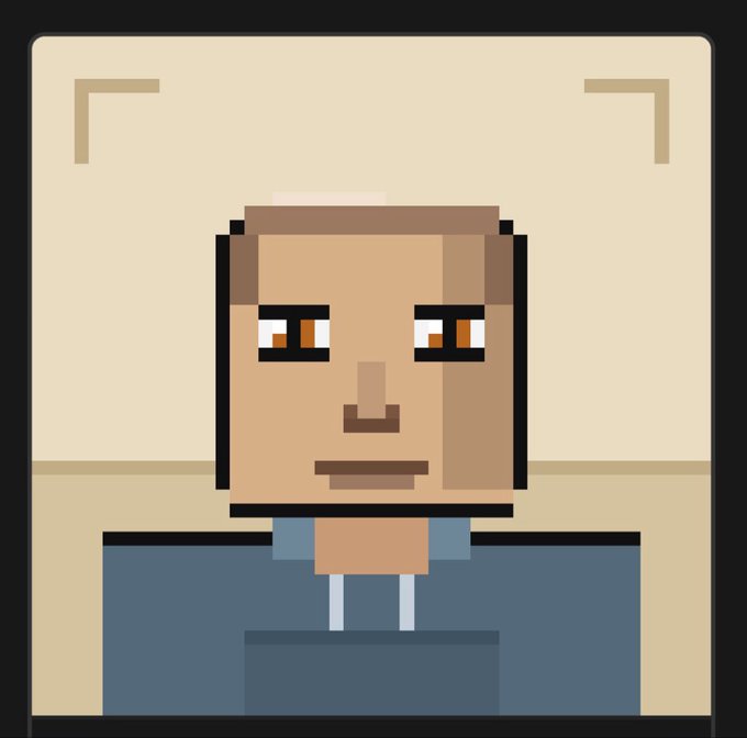 A blocky, pixel-art style avatar of a person with light brown skin, brown hair, and orange eyes, set against a cream background within a camera viewfinder frame.