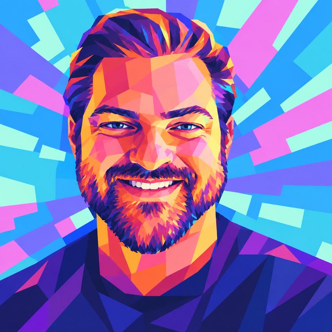 A colorful pop-art style digital illustration of a smiling bearded man with blue eyes against a vibrant geometric background.