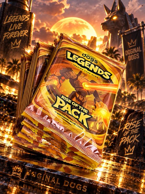 A stack of trading card game booster packs titled 'doggs LEGENDS - TRADING CARD GAMES - RISE OF THE PACK', featuring artwork of a female character with a glowing sword, set against a fiery background with a wolf statue and banners reading 'LEGENDS LIVE FOREVER' and 'DOGINAL DOGS'.