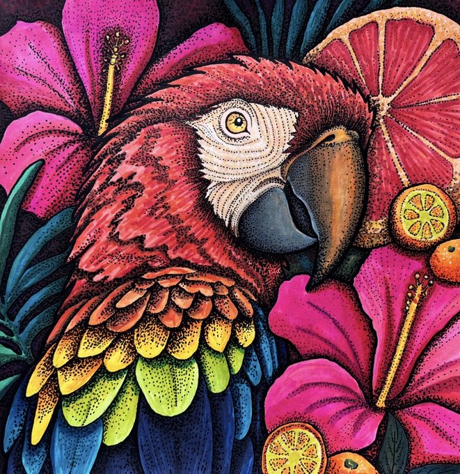 A vibrant, detailed illustration of a red, yellow, and green macaw parrot nestled among bright pink hibiscus flowers and citrus slices in a dense tropical composition.
