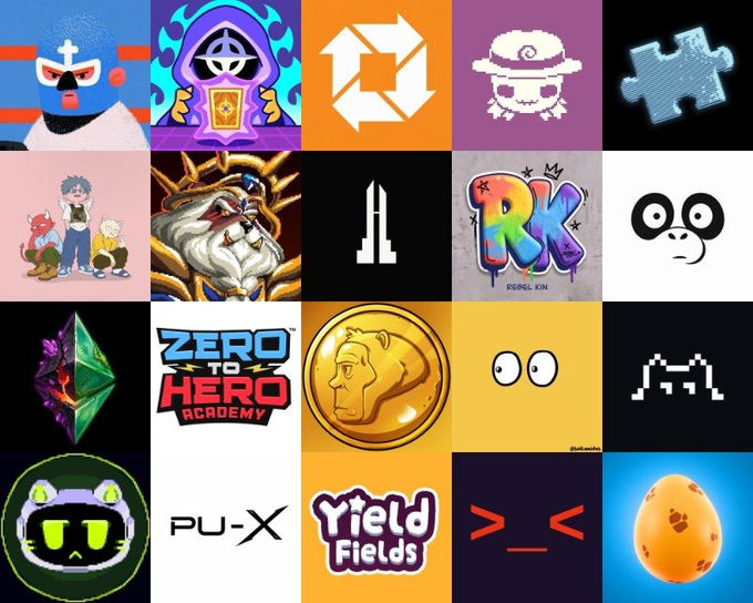 Grid of 20 various cryptocurrency and Web3 project logos, including 'ZERO TO HERO ACADEMY', 'Yield Fields', 'PU-X', and others.