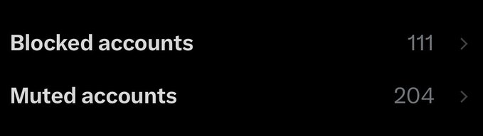 The image displays a Twitter settings menu showing 111 blocked accounts and 204 muted accounts, suggesting that the user has been extensively curating their feed—likely by blocking and muting accounts related to the BIP-110 proposal, which proposes limiting Bitcoin on-chain transactions to 1 MB.