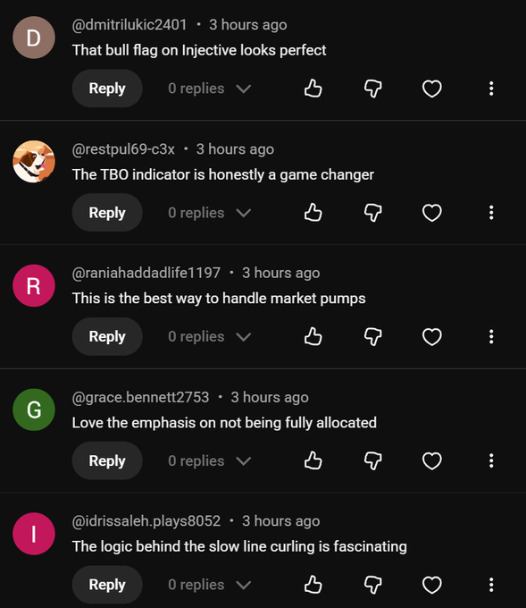 YouTube comments on a trading video showing generic, low-effort praise such as "That bull flag on Injective looks perfect" (@dmitrilukic2401) and "The TBO indicator is honestly a game changer" (@restpul69-c3x). The comments perfectly illustrate the creator's frustration, as they appear to be bot-generated praise lacking any specific, genuine engagement with the actual content.