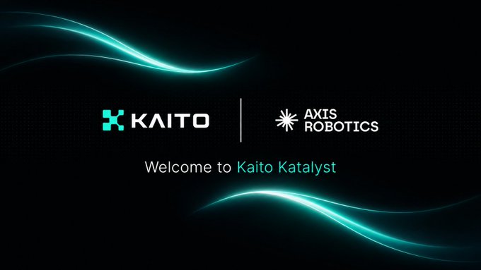 A dark graphic with flowing teal light waves displays logos for "KAITO" and "AXIS ROBOTICS" above the text "Welcome to Kaito Katalyst," visually announcing the launch of the Axis Content Creator Program in partnership with Kaito AI.