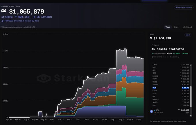 Screenshot of the Starknet shielded STRK20 dashboard showing a total value of approximately $1,065,879, with 45 assets protected and a detailed area chart of value over time.
