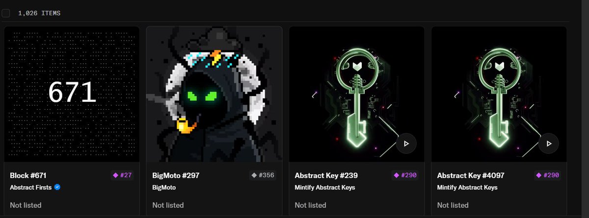 A user dashboard on AbstractChain shows 1,026 items in their collection, featuring pieces like "Block #671" (#27), "BigMoto #297" (#356), "Abstract Key #239" (#290), and "Abstract Key #4097" (#290), all marked "Not listed"—reflecting the post's lament that over 1,000 items will be lost to the void after the platform's failed transition and disagreement with its new terms of service.