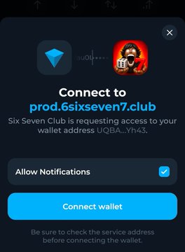 A wallet connection prompt requests access to a wallet address for 'prod.6sixseven7.club' with a 'Connect wallet' button and an 'Allow Notifications' checkbox.