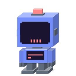 A small pixelated 3D-style blue robot character with a screen-like face showing red dots, a red button on top, and blocky limbs.