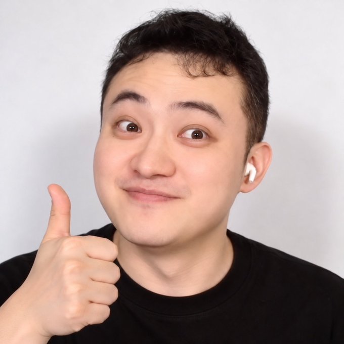 A young man with short dark hair gives a thumbs-up while making a playful, wide-eyed expression; he's wearing a black shirt and a white wireless earbud in his right ear.