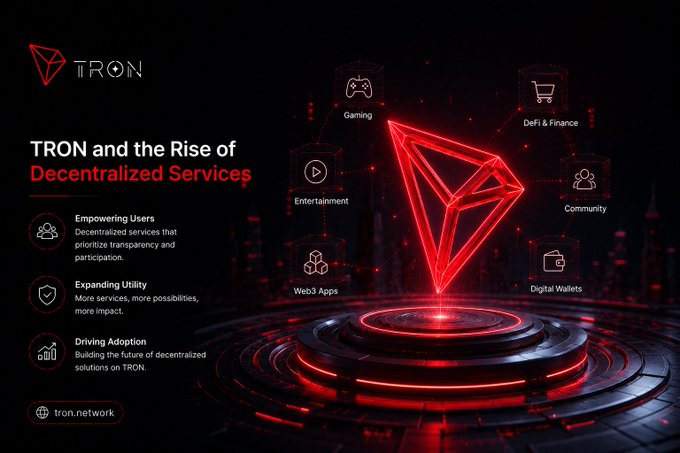A promotional graphic for TRON titled 'TRON and the Rise of Decentralized Services,' highlighting sectors like Gaming, DeFi & Finance, Entertainment, Community, Web3 Apps, and Digital Wallets around a glowing red TRX logo.
