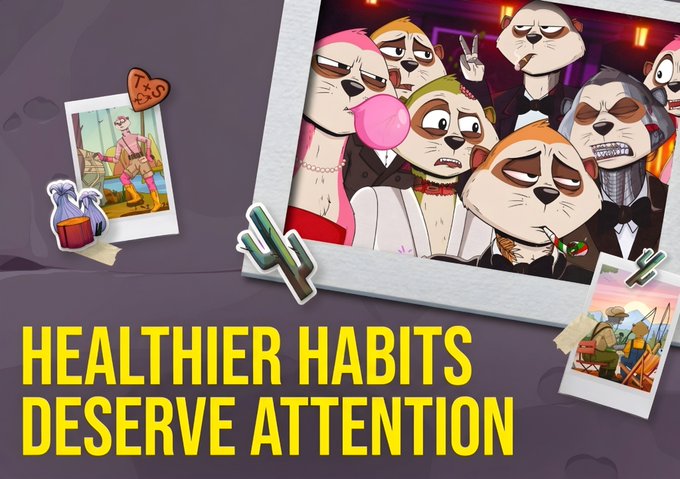 A promotional graphic features cartoon sloth characters at a party with the text 'HEALTHIER HABITS DESERVE ATTENTION' at the bottom.