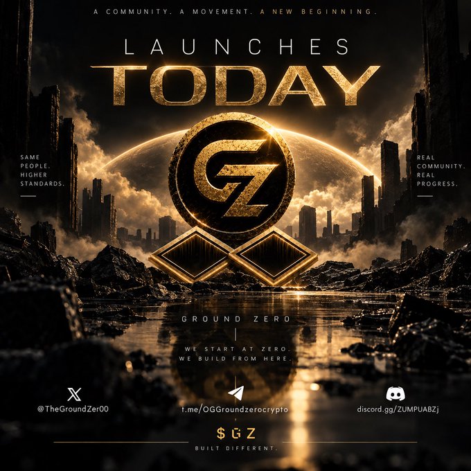 A promotional launch poster featuring a golden 'GZ' logo over a dark cityscape, with text reading 'LAUNCHES TODAY', 'A COMMUNITY. A MOVEMENT. A NEW BEGINNING.', 'SAME PEOPLE. HIGHER STANDARDS.', 'REAL COMMUNITY. REAL PROGRESS.', 'GROUND ZERO', 'WE START AT ZERO. WE BUILD FROM HERE.', '$GZ', and 'BUILT DIFFERENT.' along with social handles for X (@TheGroundZer00), Telegram (t.me/OGGroundzerocrypto), and Discord (discord.gg/ZUMPUABZj).