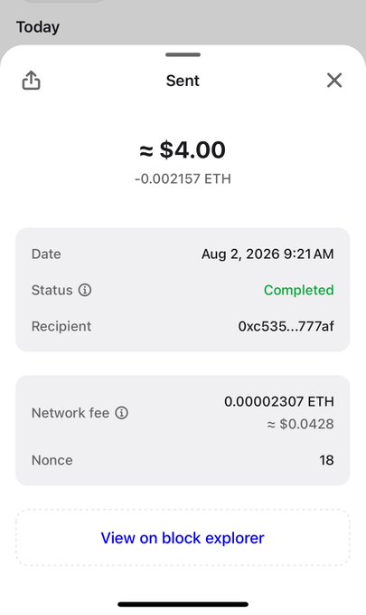 This image shows a completed transaction of approximately $4.00 in ETH, sent on August 2, 2026, with a network fee of $0.0428. The post "More space" relates to this by potentially implying that the transaction cleared space in the sender's wallet or on the network.