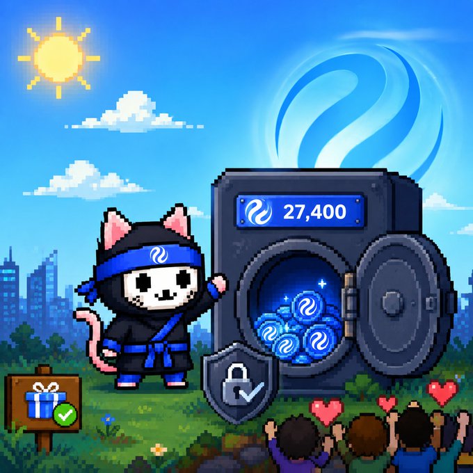 A pixel art illustration shows a ninja cat character standing next to a safe containing blue coins with a swirl logo, displaying '27,400' as the balance, with a gift box and cheering crowd below.