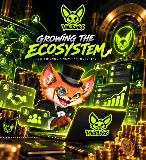 A vibrant promotional graphic for "VAULTINGS" features the tagline "GROWING THE ECOSYSTEM - NEW FRIENDS + NEW PARTNERSHIPS" alongside an illustration of a fox-like character in a top hat working at a laptop, surrounded by glowing green digital interface elements, gold coins, and a vault door.