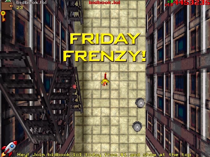 A screenshot of a mobile game showing 'FRIDAY FRENZY!' with a character in an alley between buildings, and text 'Hey! Join bidbook.lol today from $1 and show at the top'.