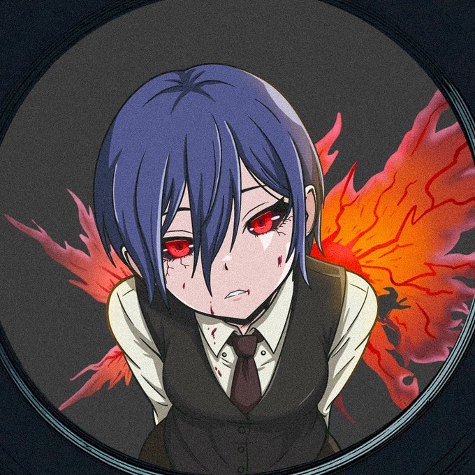 An anime-style illustration of a girl with dark blue hair and red eyes, wearing a vest and tie with blood splatters, set against a circular background with red flames.
