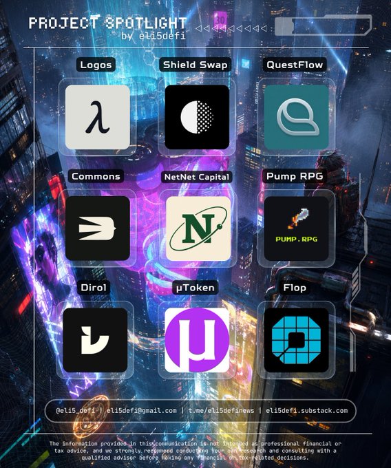 A 'PROJECT SPOTLIGHT by @ei5defi' graphic showcasing nine crypto project logos including Logos, Shield Swap, QuestFlow, Commons, NetNet Capital, Pump RPG, Dirol, μToken, and Flop against a cyberpunk cityscape background.