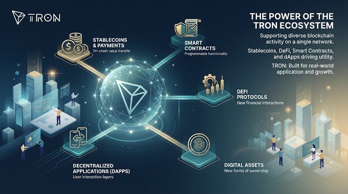 An infographic titled 'TRON' and 'THE POWER OF THE TRON ECOSYSTEM' illustrates various blockchain components including stablecoins, smart contracts, DeFi protocols, digital assets, and decentralized applications.