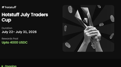 Hotstuff NFT promotional graphic titled 'Hotstuff July Traders Cup' with text 'NFT x Hyperliquid', 'July 22 - July 31, 2026', 'Rewards Pool Upto 4000 USDC', and an illustration of hands catching falling coins.