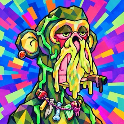 A colorful, geometric pop-art style illustration of a green, tentacled character resembling a Cthulhu-like figure with tentacles forming a beard, set against a vibrant multicolored background.