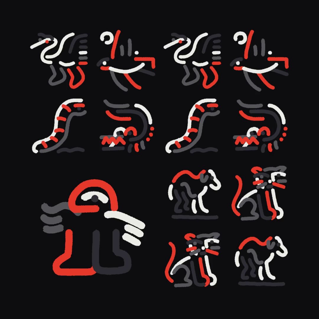 The image features a collection of twelve different icons arranged in two rows against a black background. The icons include various animals such as cats, dogs, birds, and snakes, each with unique characteristics and colors. The icons are organized in a way that allows for easy comparison between them, showcasing the diversity within this visual language. The post encourages viewers to explore these icons further and make connections based on their own experiences or interpretations of the images.