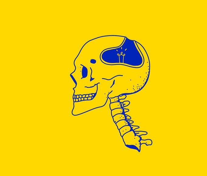 A stylized illustration of a blue skull with exposed teeth and spinal column on a bright yellow background, featuring a blue patch on the cranium.