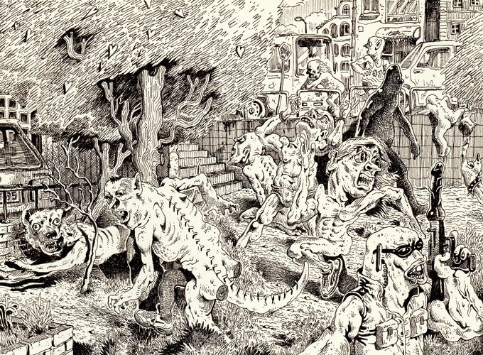 ""The Neighborhood" is a black and white line drawing of a group of people, including a man with a dog, standing around a tree. The drawing has been posted online for an auction at 0.25 Ξ reserve. Focus on what is in the image and how it relates to the post.