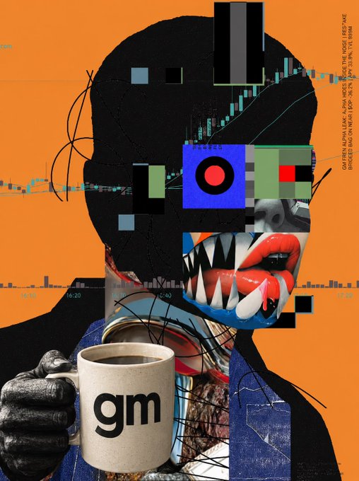 A vibrant pop-art collage on an orange background depicting a fragmented head composed of geometric shapes, a blue target, and a red mouth with sharp teeth, while a gloved hand holds a white mug labeled "gm" in the foreground; stock chart lines and text including "GM PREM ALPHA LAK" and "BRIDGED ANNO ON 0 KEEP" appear in the background.