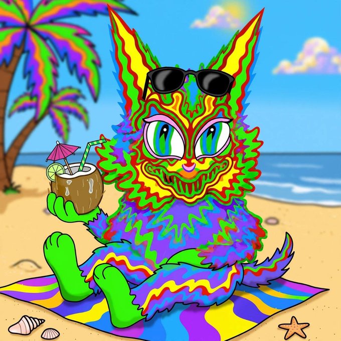 Colorful psychedelic cartoon of a rainbow-colored cat creature wearing sunglasses, holding a coconut drink with a lime and umbrella while sitting on a striped beach towel at the beach.