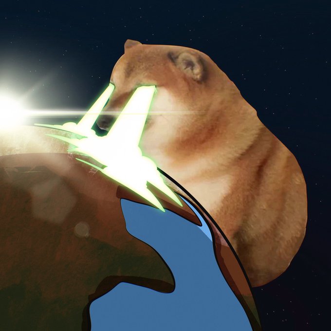 A surreal digital artwork showing a capybara's head emerging from behind a globe-like object with a glowing green geometric starburst shape in the foreground.