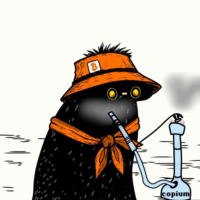 A cartoon black bird wearing an orange Bitcoin-branded bucket hat and scarf smokes from a bong labeled "copium," sending up a wisp of smoke. The image pairs with a "GM" post to humorously depict a crypto enthusiast coping with market realities at the start of the day.