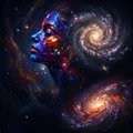 A small digital artwork of a dark, cosmic creature with glowing red and blue accents floating near a swirling galaxy in space.