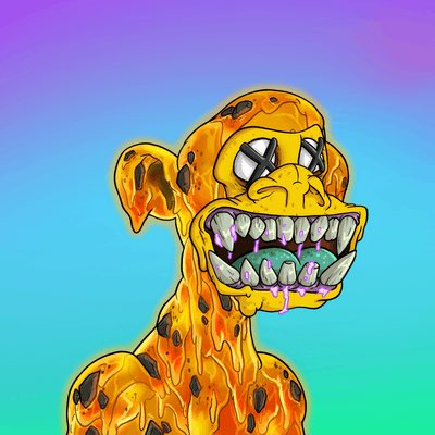 A cartoon-style digital illustration of a melting, grotesque cheetah-like creature with sharp jagged teeth, drooling purple saliva against a purple-to-teal gradient background.