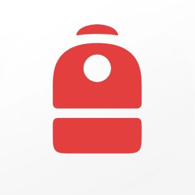 A red, stylized icon of a backpack on a light gray background.