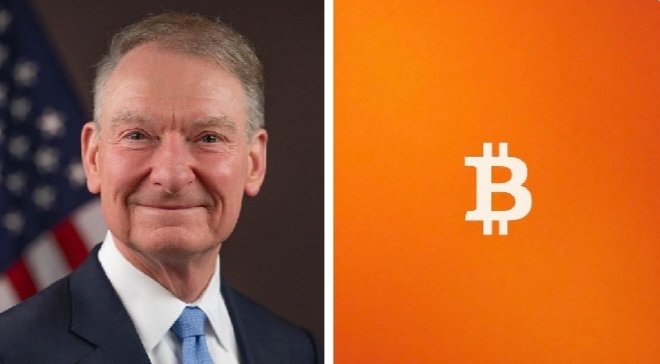 The image shows a man in a dark suit with a light blue tie, standing in front of an American flag, alongside the Bitcoin (₿) logo on an orange background—visually linking a Washington official with cryptocurrency regulation as the post discusses the SEC advancing new crypto rules amid stalled legislation.