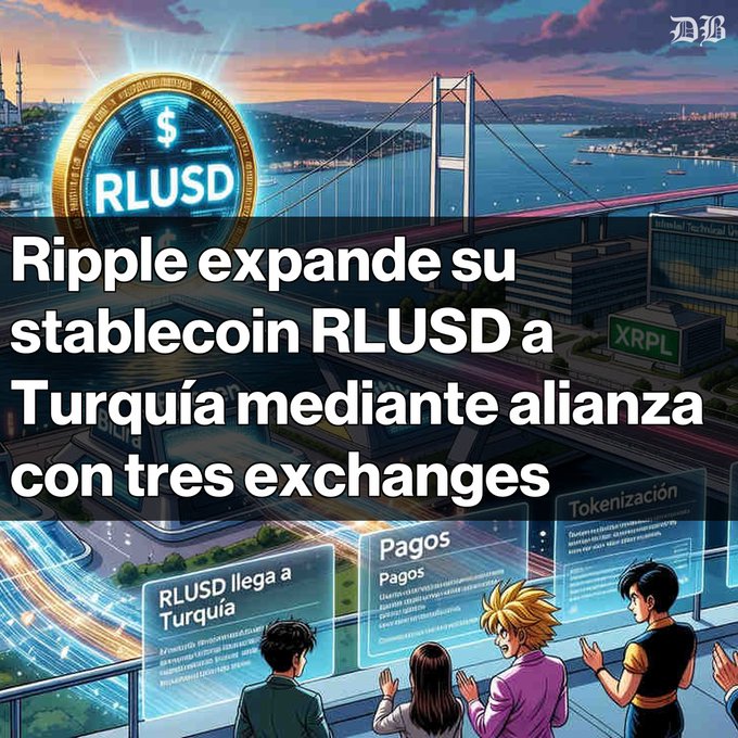 The image features a group of people standing near a bridge with an illustration of the bridge above them. The text in the image reads "Ripple expande su stablecoin RLUSD a Turquía mediante alianza con BiLira, Bitexen y Bitlo". This suggests that the image is related to Ripple, a cryptocurrency that has been expanding its reach and influence across various markets.