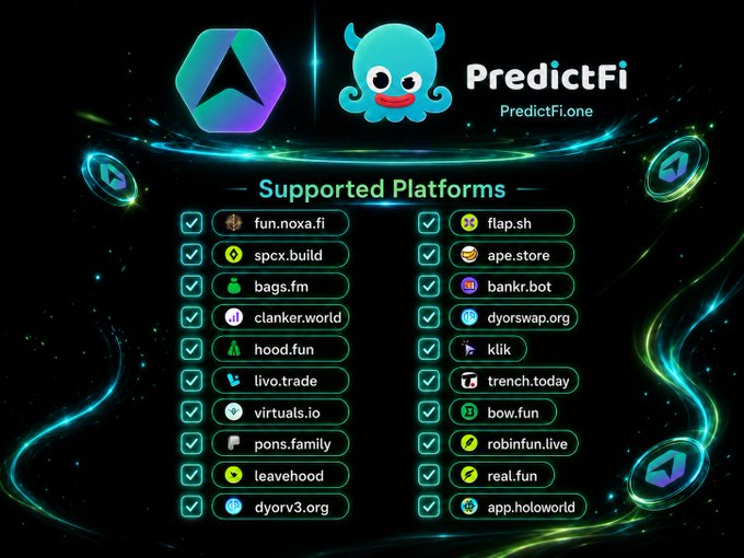 An infographic for 'PredictFi.one' showcasing its supported crypto platforms, including fun.noxa.fi, bags.fm, virtuals.io, flap.sh, ape.store, and bankr.bot.
