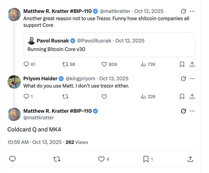 A Twitter/X thread where Matthew R. Kratter critiques Trezor while mentioning Pavol Rusnak's Bitcoin Core v30 update, with Priyom Haider asking about wallet choice and Kratter recommending Coldcard Q and MK4.