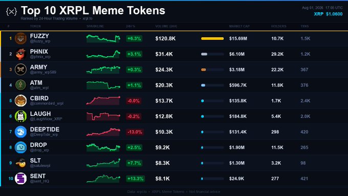 A dashboard displaying the 'Top 10 XRPL Meme Tokens' ranked by 24-hour trading volume, led by FUZZY ($120.8K), PHNIX ($31.4K), and ARMY ($24.3K), with XRP priced at $1.0600.
